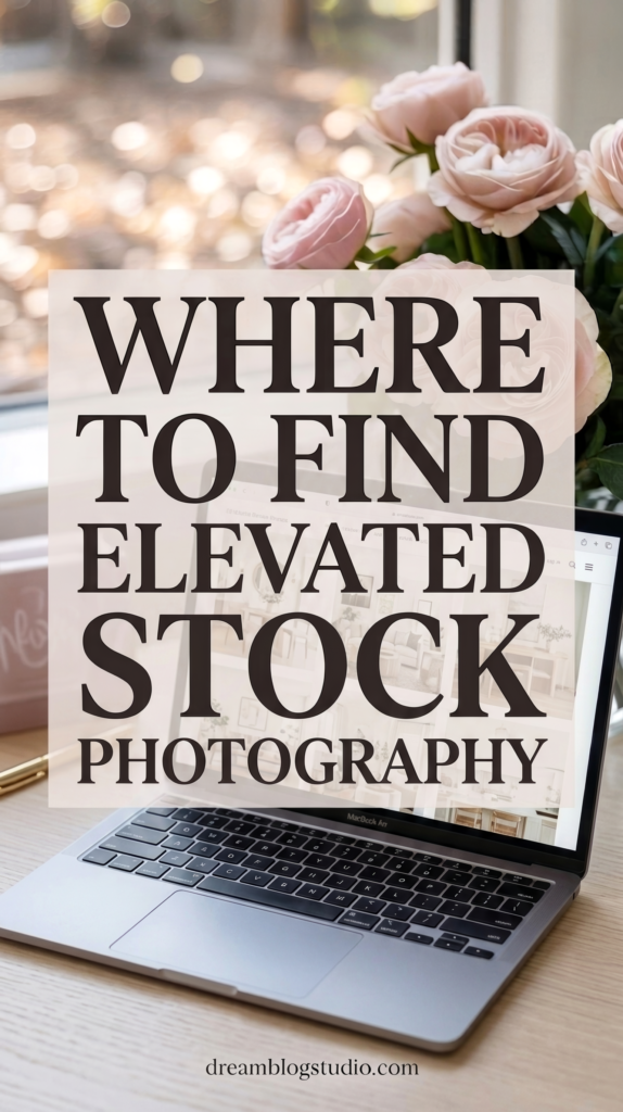 Laptop on desk with roses; Where to Find Elevated Stock Photography guide, Dream Blog Studio.