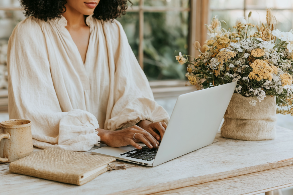 Woman typing on laptop in cozy home office with notebook, coffee mug, and wildflower bouquet by a sunny window.