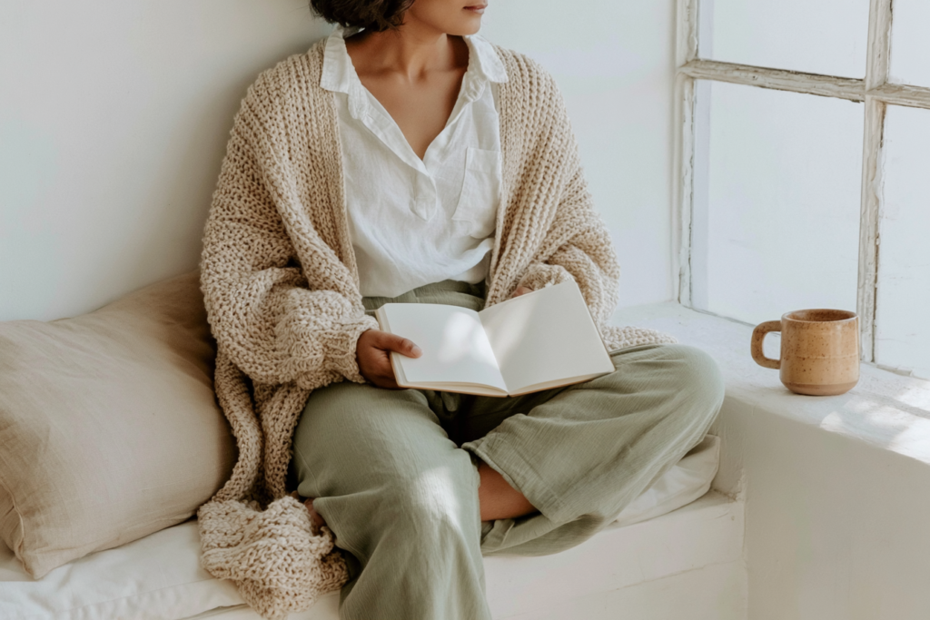 Cozy morning journaling by window: person in chunky knit cardigan with open notebook and coffee mug, soft natural light.
