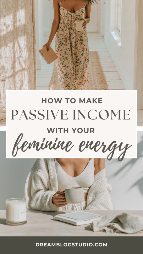 How to make passive income with your feminine energy; woman with coffee and notebook; cozy workspace, Dream Blog Studio.